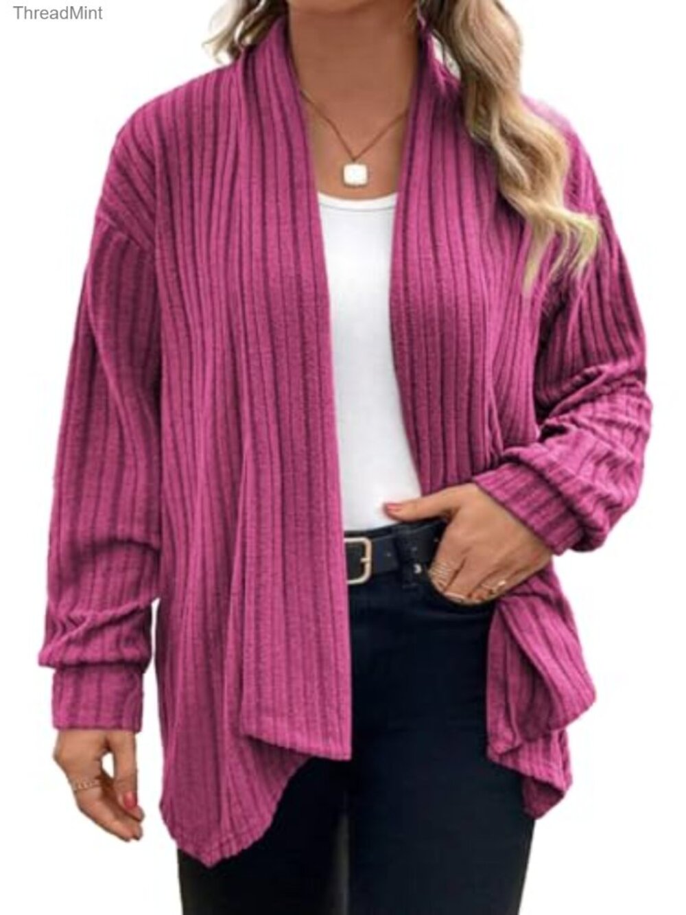 Plus Size Open Front Cardigan Long Sleeve Knit Sweater Asymmetrical Hem